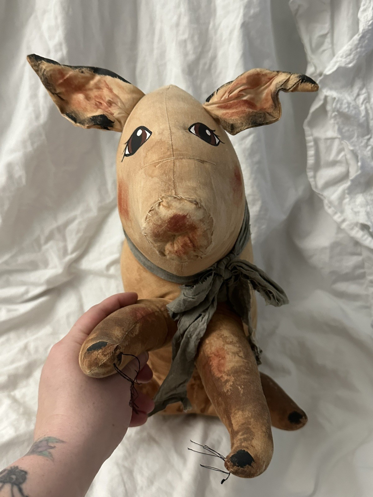 Vintage Primitive Folk Art Pig Plush Large Handmade Artist Signed Vintage Primitive Folk Art Pig Plush Large Handmade Artist Signed