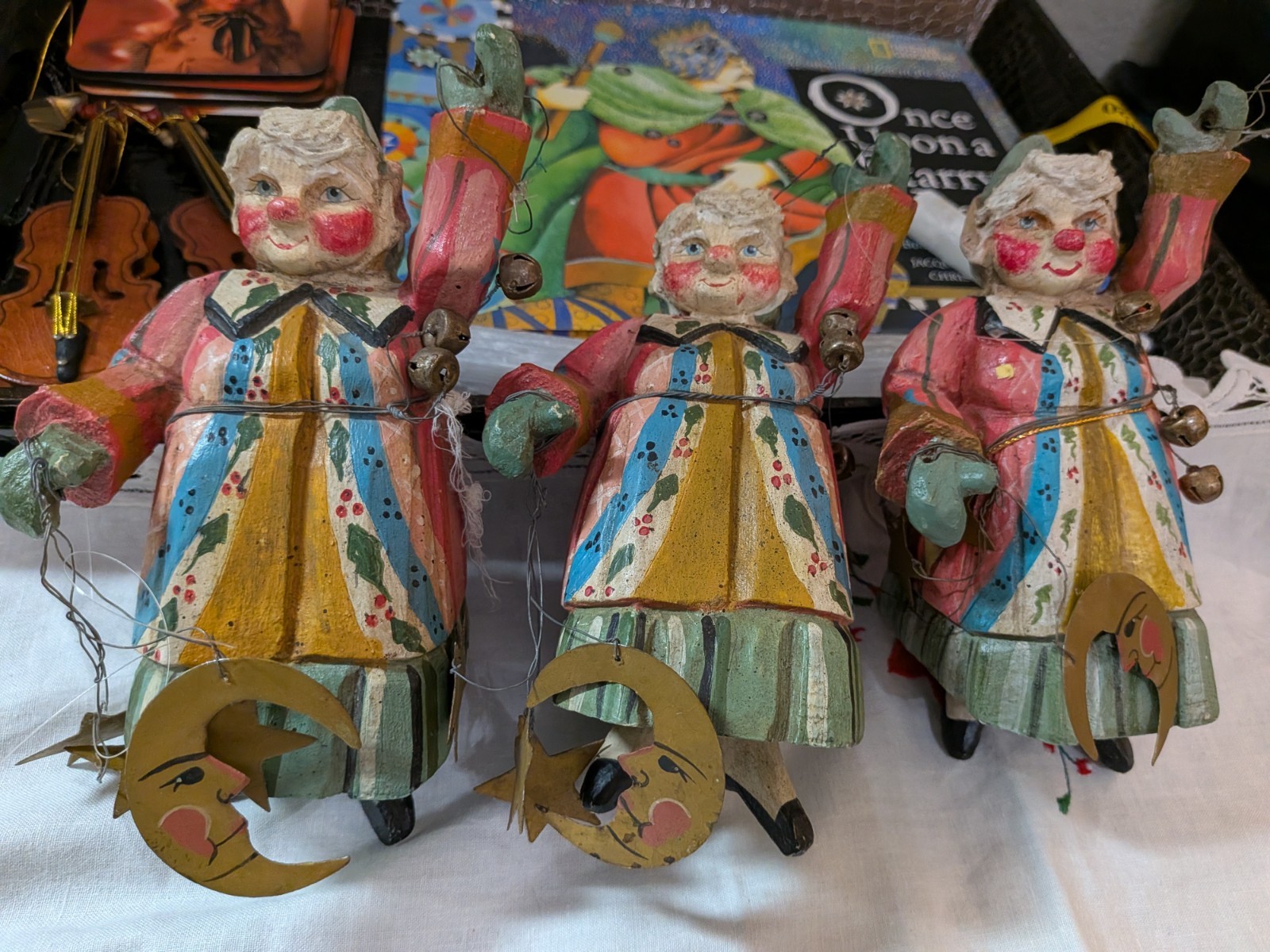 Vintage 1991 House Of Hatten Pixie Elf Grandma Bell Moon Ornament Folk, Set Of 3 Vintage 1991 House Of Hatten Pixie Elf Grandma Bell Moon Ornament Folk, Set Of 3