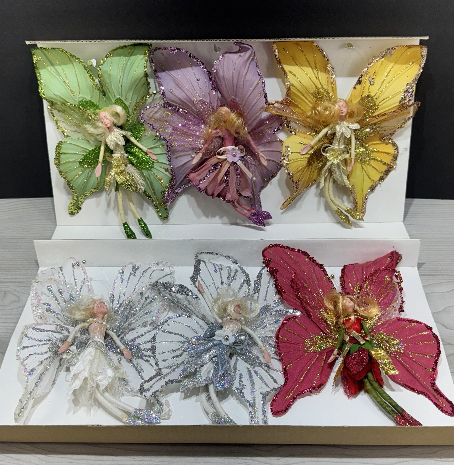 Vtg QVC Set of 6 Butterfly Fairy Christmas Ornaments Posable Glitter Doll Wings Vtg QVC Set of 6 Butterfly Fairy Christmas Ornaments Posable Glitter Doll Wings