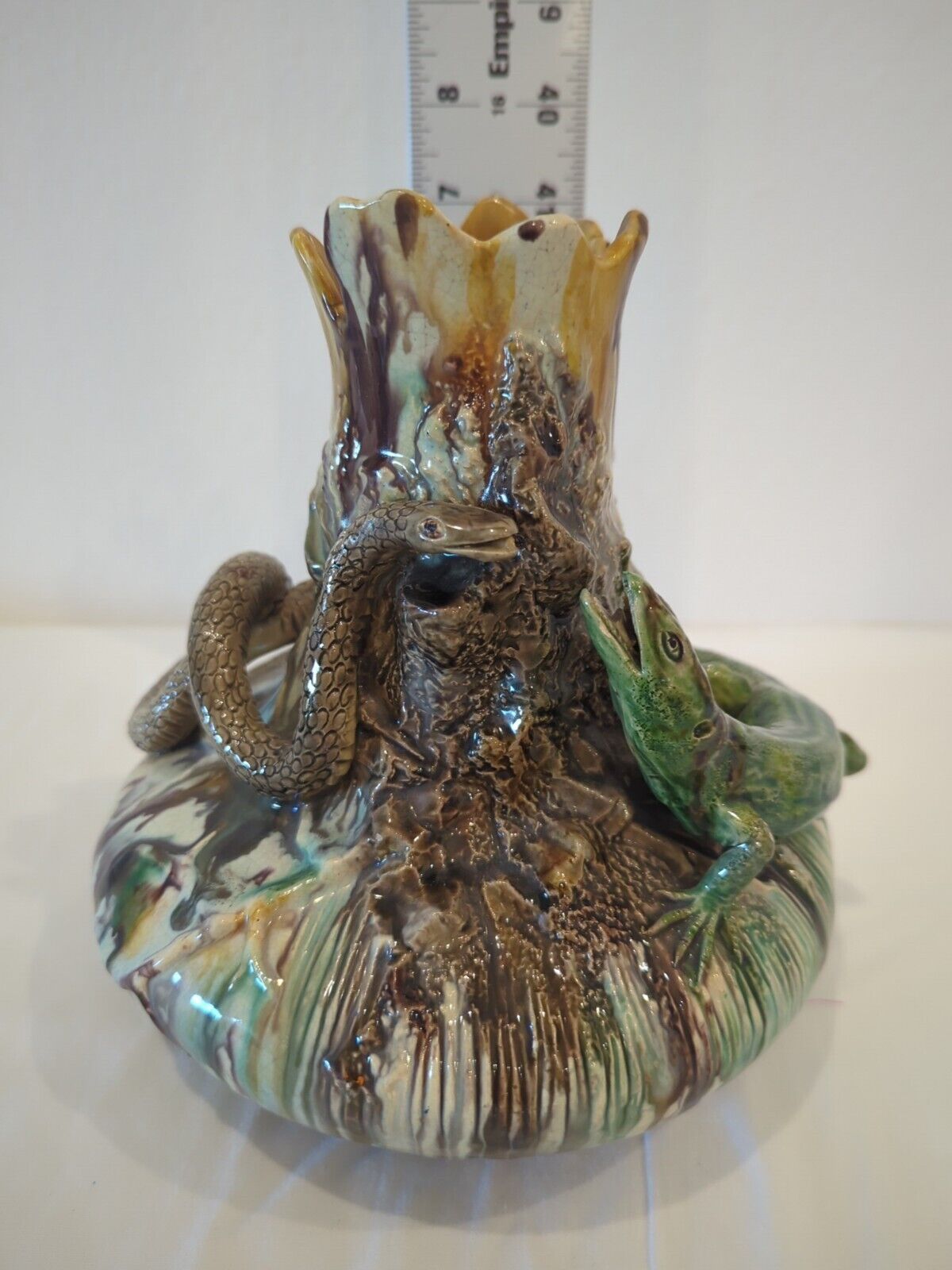 Vintage Palissy Caldas da Rainha Portugal Pottery Art Vase Snake Lizard Majolica
