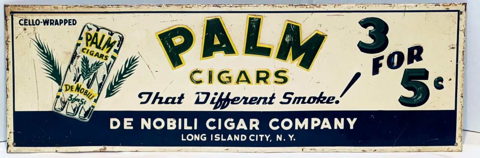 Vintage Tin Embossed Palm Cigars Sign Long Island City, N.Y. 19 1/8" x 7" Marked Vintage Tin Embossed Palm Cigars Sign Long Island City, N.Y. 19 1/8" x 7" Marked