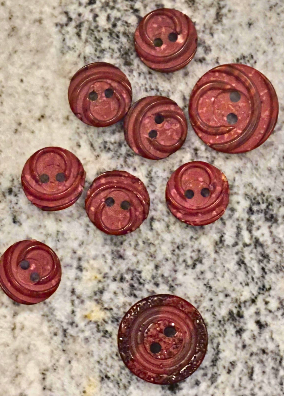 Vintage Celluloid Burgundy Red Marbled Carved Swirl 2-Hole Buttons Lot of 9 Vintage Celluloid Burgundy Red Marbled Carved Swirl 2-Hole Buttons Lot of 9