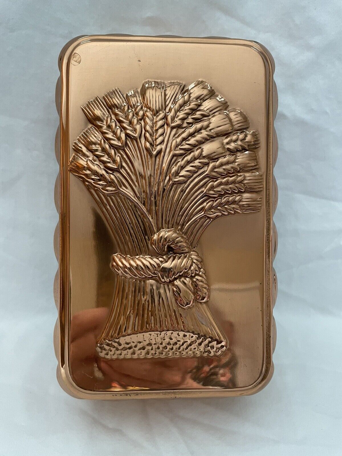 Vintage Patina Copper Tin Lined Wheat Design Scalloped Loaf Pan  Wall Art VGC