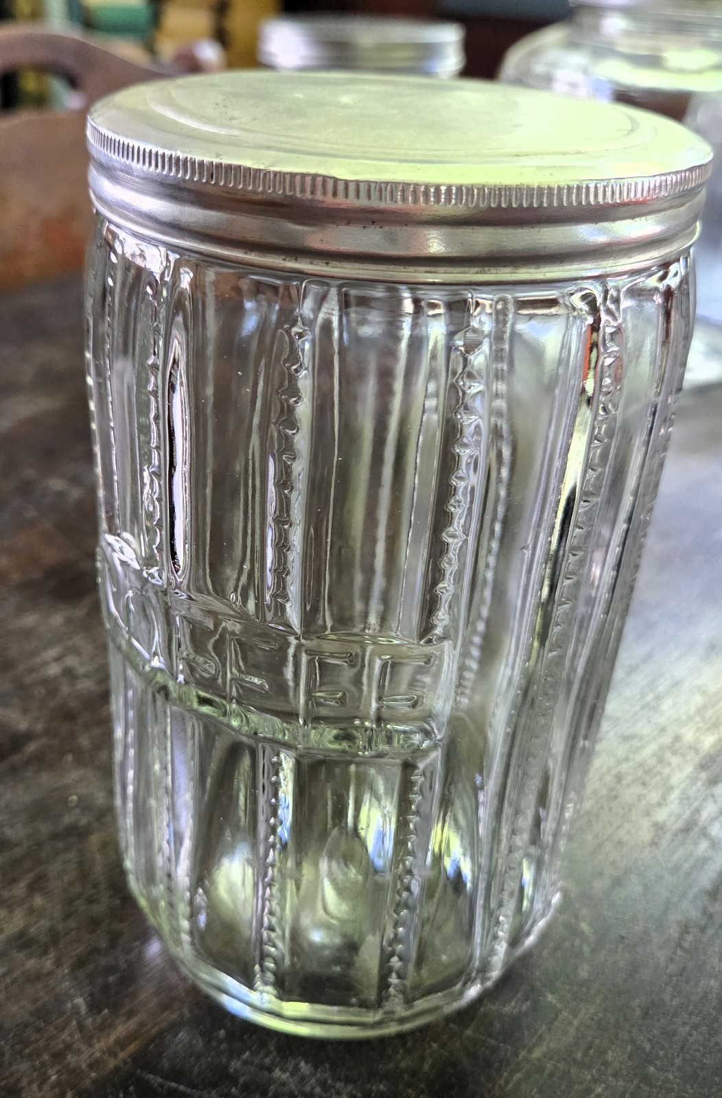 Vintage Hoosier Glass Coffee Storage Jar 7" ZIPPER Cut Pattern Aluminum Lid Vintage Hoosier Glass Coffee Storage Jar 7" ZIPPER Cut Pattern Aluminum Lid