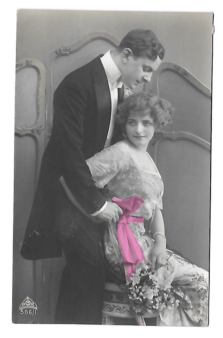Antique Tinted Real Photo Postcard RPPC ~ Lovely Lady with Her Gentleman