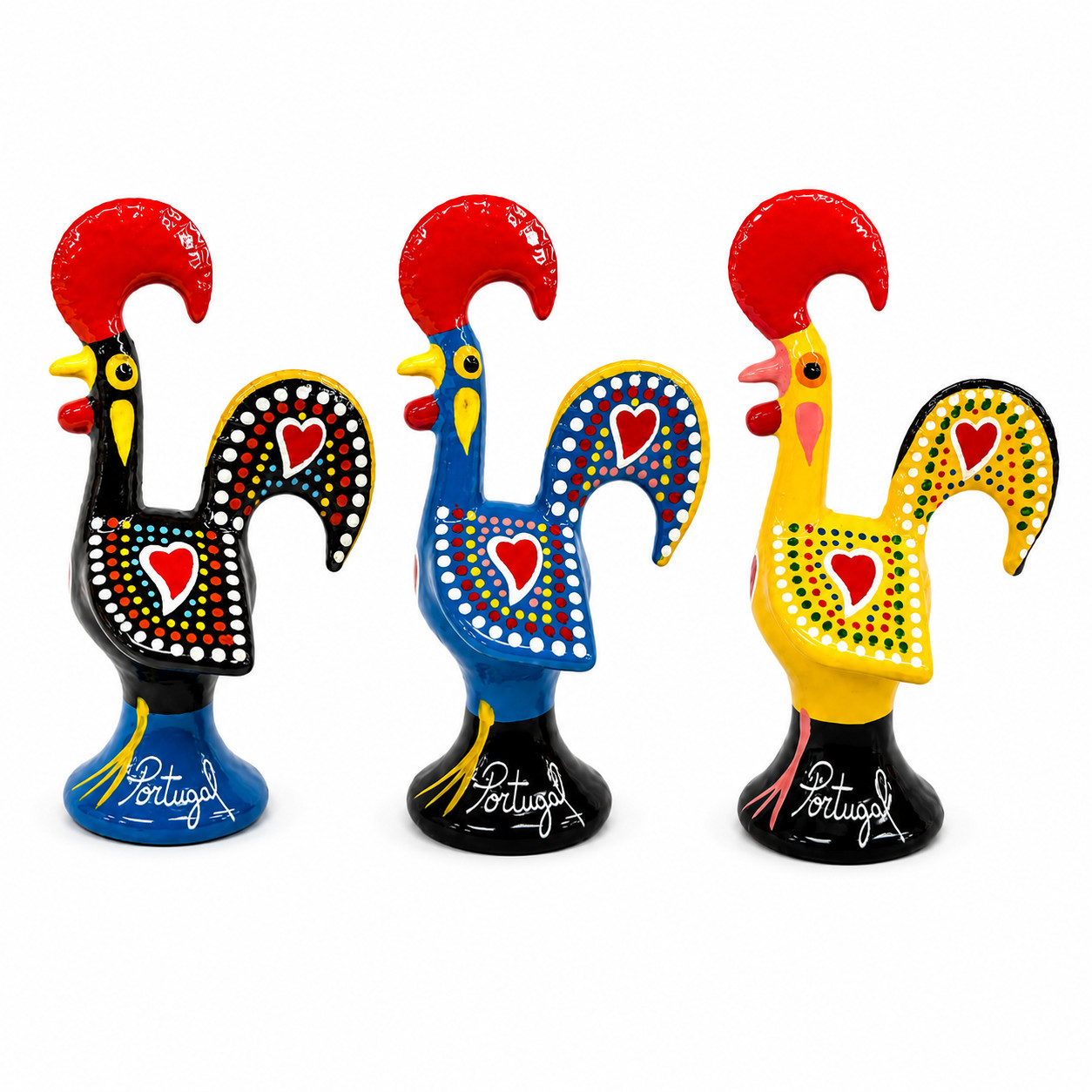 Hand-Painted Portuguese Rooster Figurines, Set of 3 - 3.25" Metal Roosters