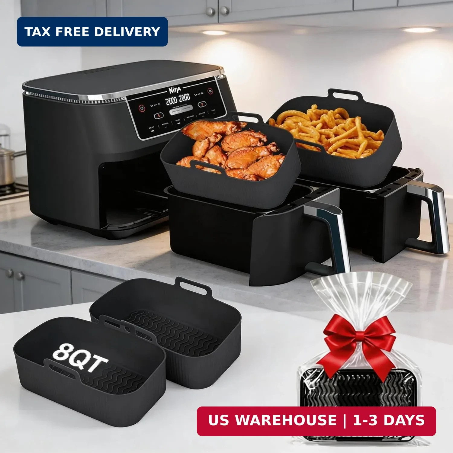 Silicone Air Fryer Liners for Ninja - Reusable DZ201 8QT Dual Basket - Rectangul