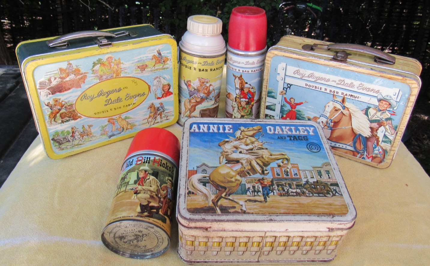 VTG 1950's Roy Rogers Evans Oakley Hickok Metal 3 Lunch box LOT thermos Old West VTG 1950's Roy Rogers Evans Oakley Hickok Metal 3 Lunch box LOT thermos Old West
