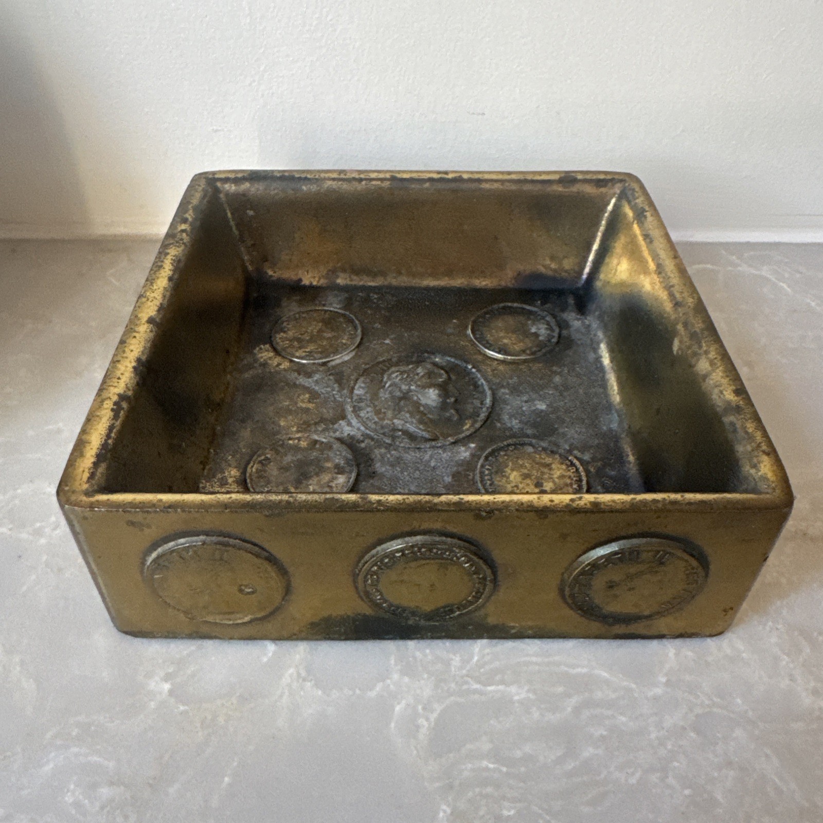 Vtg Mid Century Brass Square Coin Ashtray Catchall Valet Tray Napoleon Elizabeth Vtg Mid Century Brass Square Coin Ashtray Catchall Valet Tray Napoleon Elizabeth