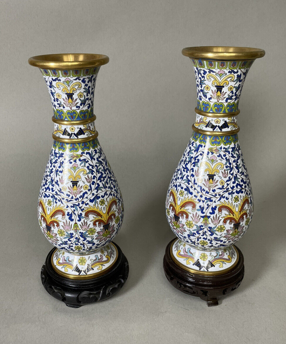 Vintage Pair Of White CLOISONNÉ Vases