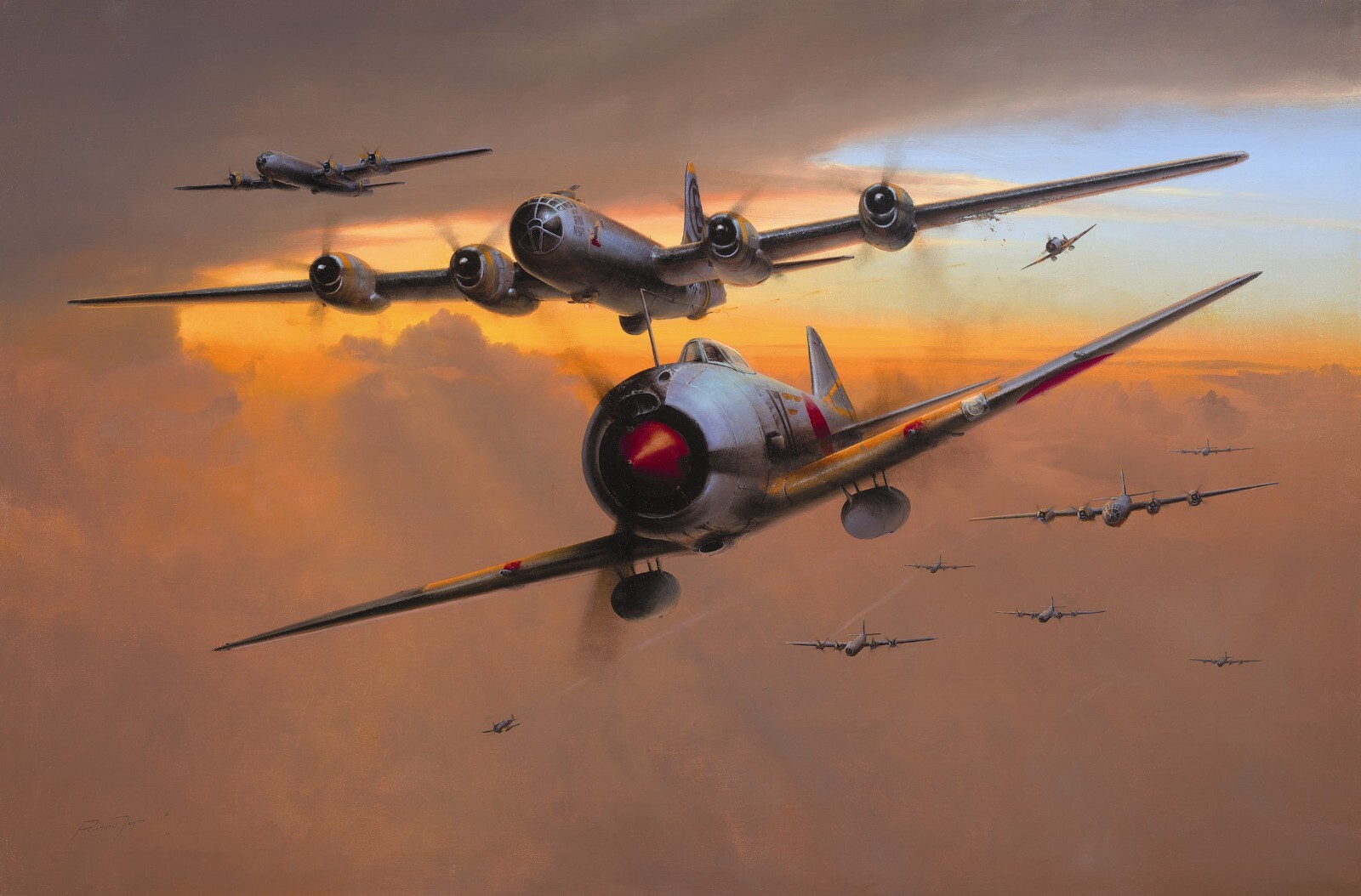 Threatening Skies by Richard Taylor Aviation Art signed by Pacific B-29 pilots
