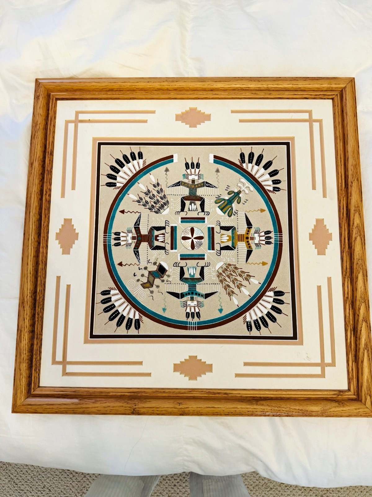 Vintage Navajo Signed Sand Painting Thunderbirds w/ Plants Framed  RJ Ben 20x20