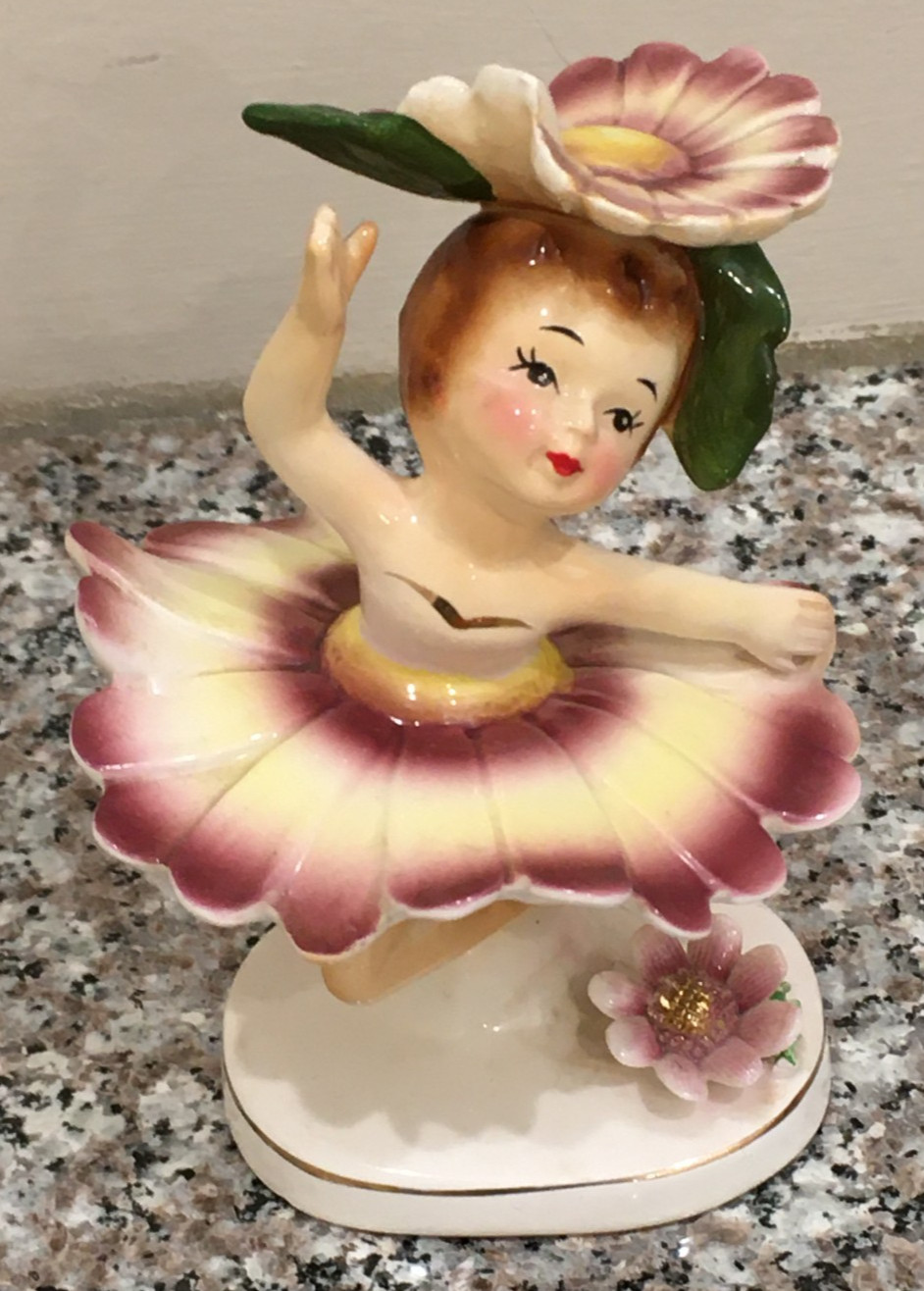 Rare Vintage 1957 Geo Z Lefton Yellow & Purple Flower Ballerina Girl 595 Rare Vintage 1957 Geo Z Lefton Yellow & Purple Flower Ballerina Girl 595