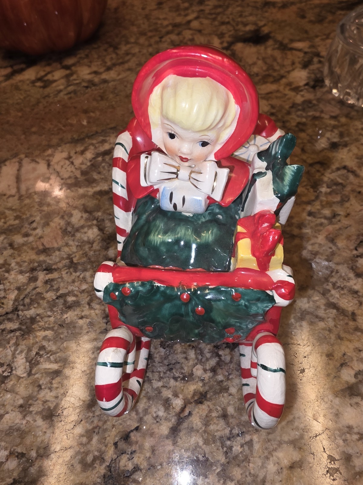 Vtg 1956 Lefton Christmas Girl In Candy Cane Sleigh SIGNED Lefton Japan Vtg 1956 Lefton Christmas Girl In Candy Cane Sleigh SIGNED Lefton Japan
