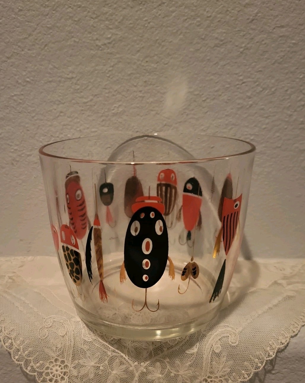 Vintage MCM Fishing Lure Barware Ice Bucket Clear Signed Meth Rare Vintage MCM Fishing Lure Barware Ice Bucket Clear Signed Meth Rare