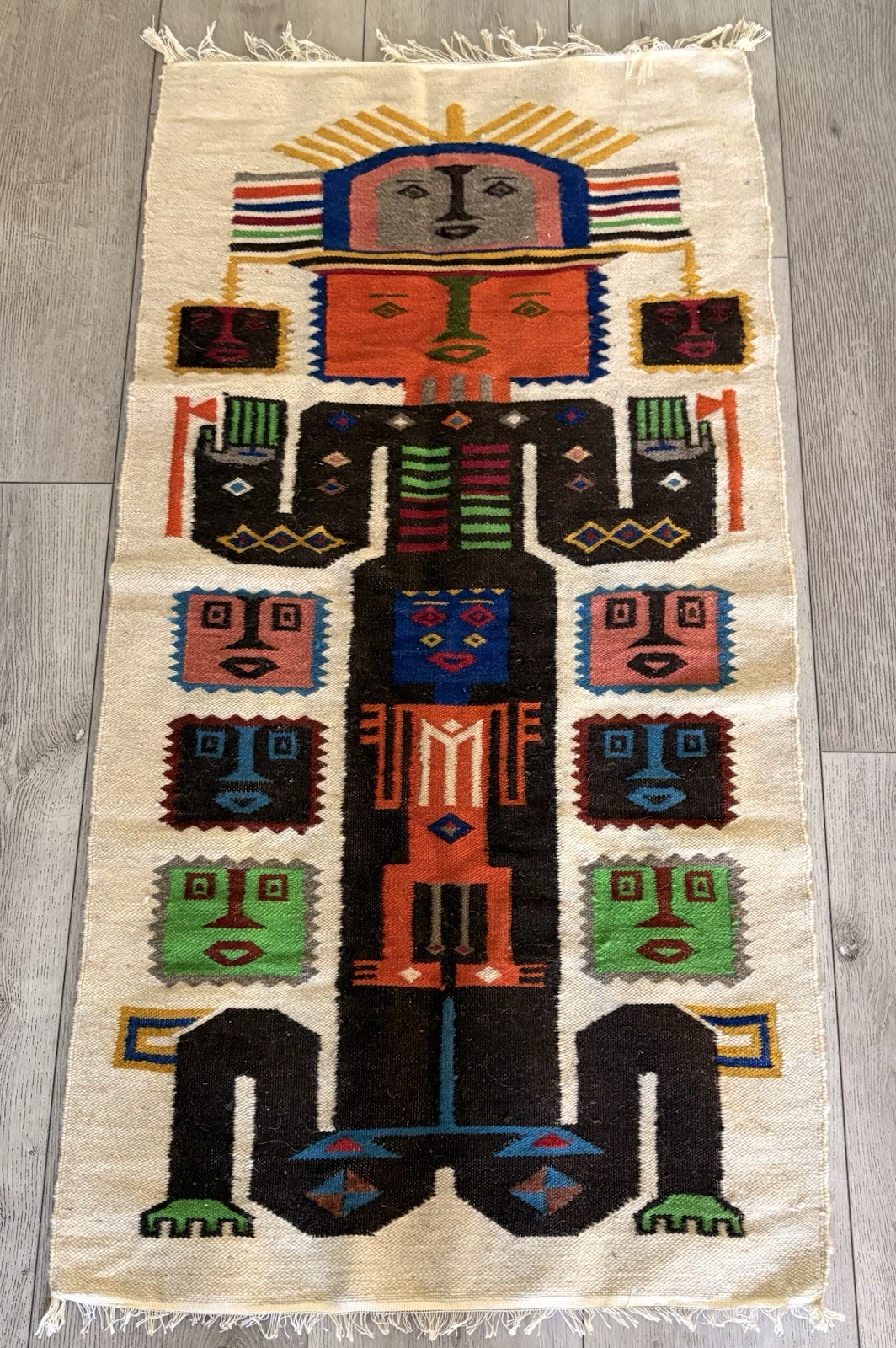 Vintage Handwoven Andean Wool Tapestry Rug 50” x 26” Ecuador Folk Art Totem