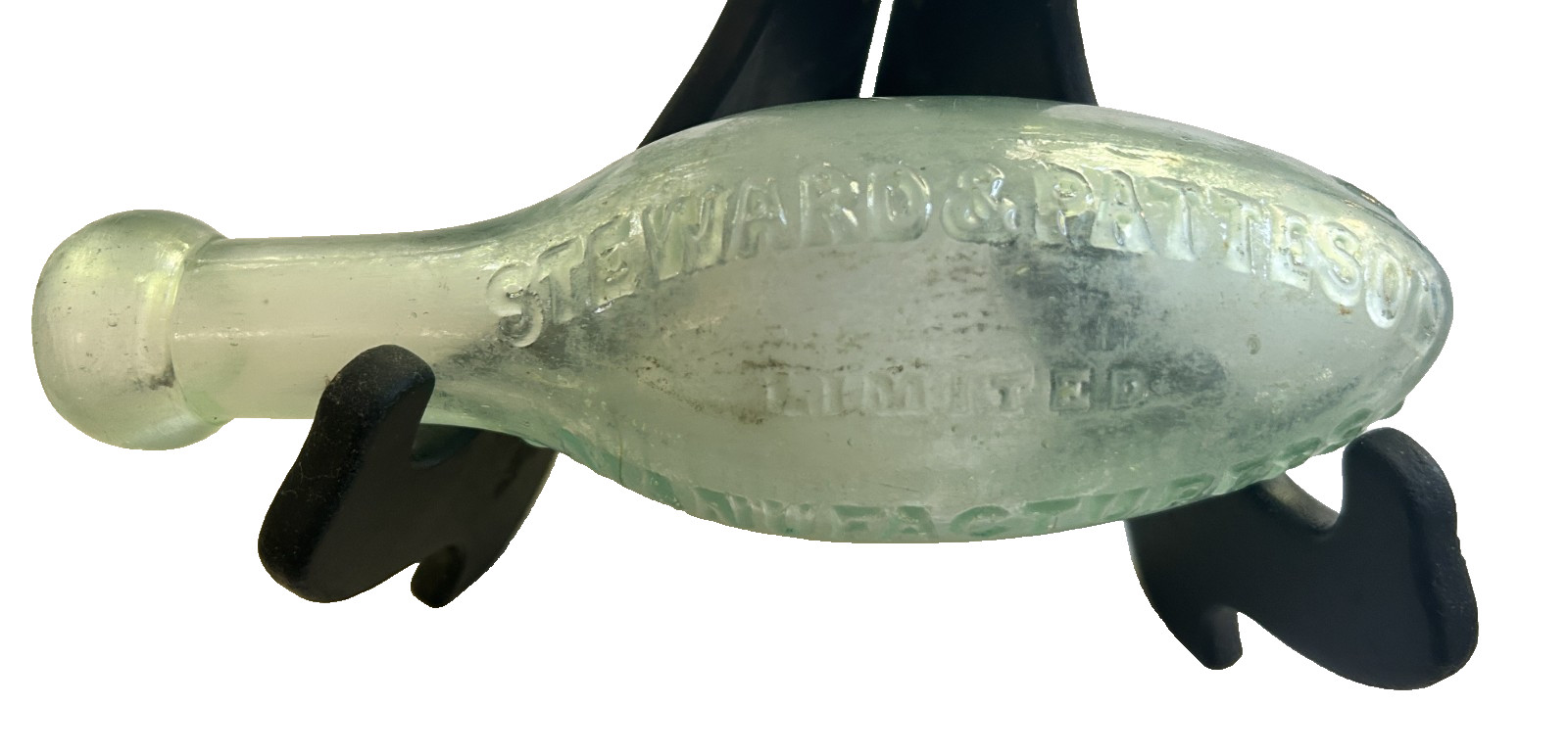 TORPEDO BOTTLE - STEWART & PATTERSON - VINTAGE 19TH c - AQUA - NORWICH UK LOT #6 TORPEDO BOTTLE - STEWART & PATTERSON - VINTAGE 19TH c - AQUA - NORWICH UK LOT #6