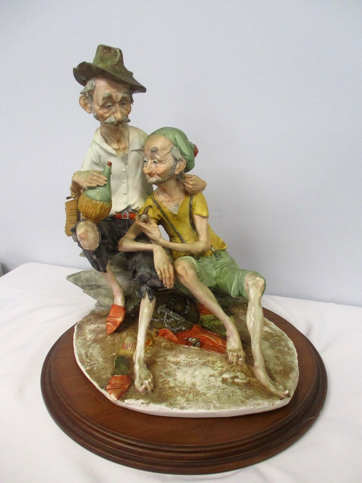 VTG LARGE CAPODIMONTE FIGURINE ~ 2 MEN ON THE BEACH with CIGAR, WINE & PIPE 18\