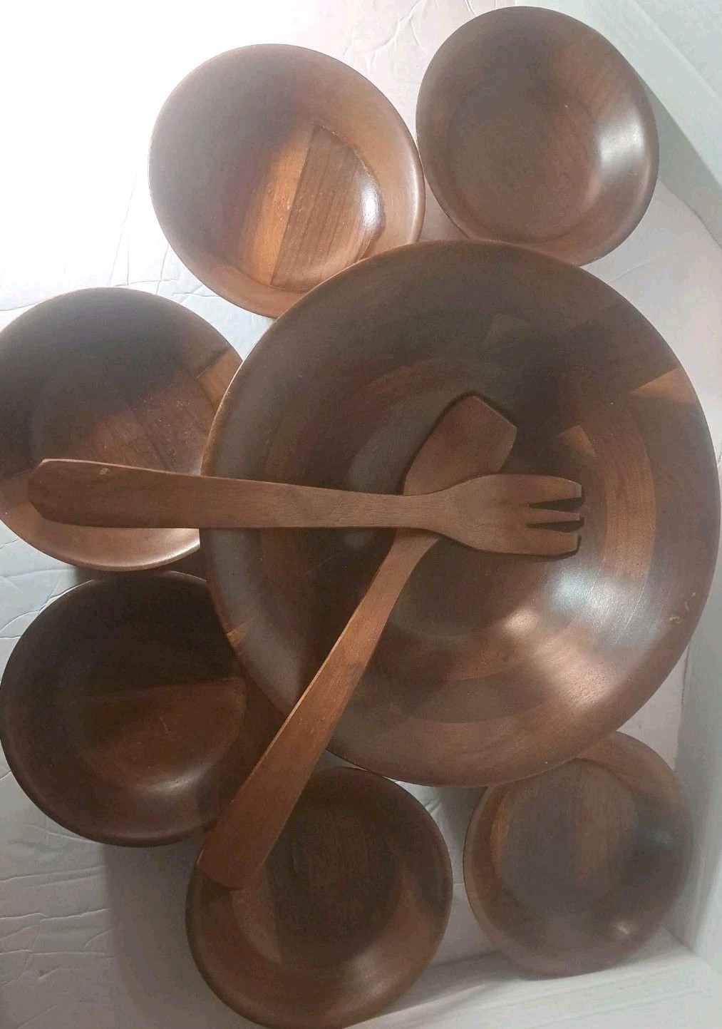 VTG Mid-cent Solid Walnut Serving Bowl Set, Six Sm Bowls One Lg. Wood Inlayed VTG Mid-cent Solid Walnut Serving Bowl Set, Six Sm Bowls One Lg. Wood Inlayed