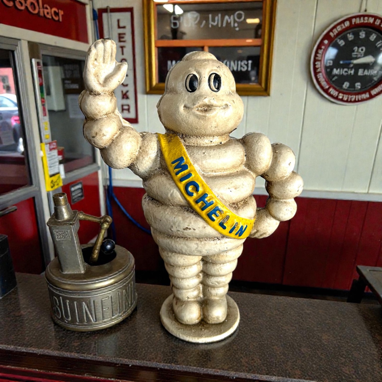 Vintage Style Cast Iron Michelin Man Bank Waving Bibendum Tire Mascot 8.5" Heavy