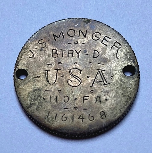 WW1 US ARMY 29th DIV. 110TH FIELD ARTILLERY TRENCH ART ID'd DOG TAG 2 FRANC COIN WW1 US ARMY 29th DIV. 110TH FIELD ARTILLERY TRENCH ART ID'd DOG TAG 2 FRANC COIN