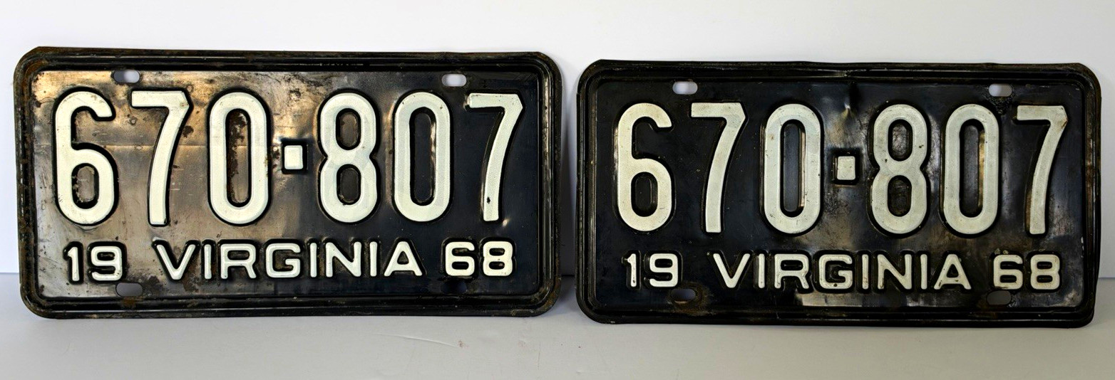 Vintage 1968 Virginia License Plate Pair 670-807 Black White YOM Eligible