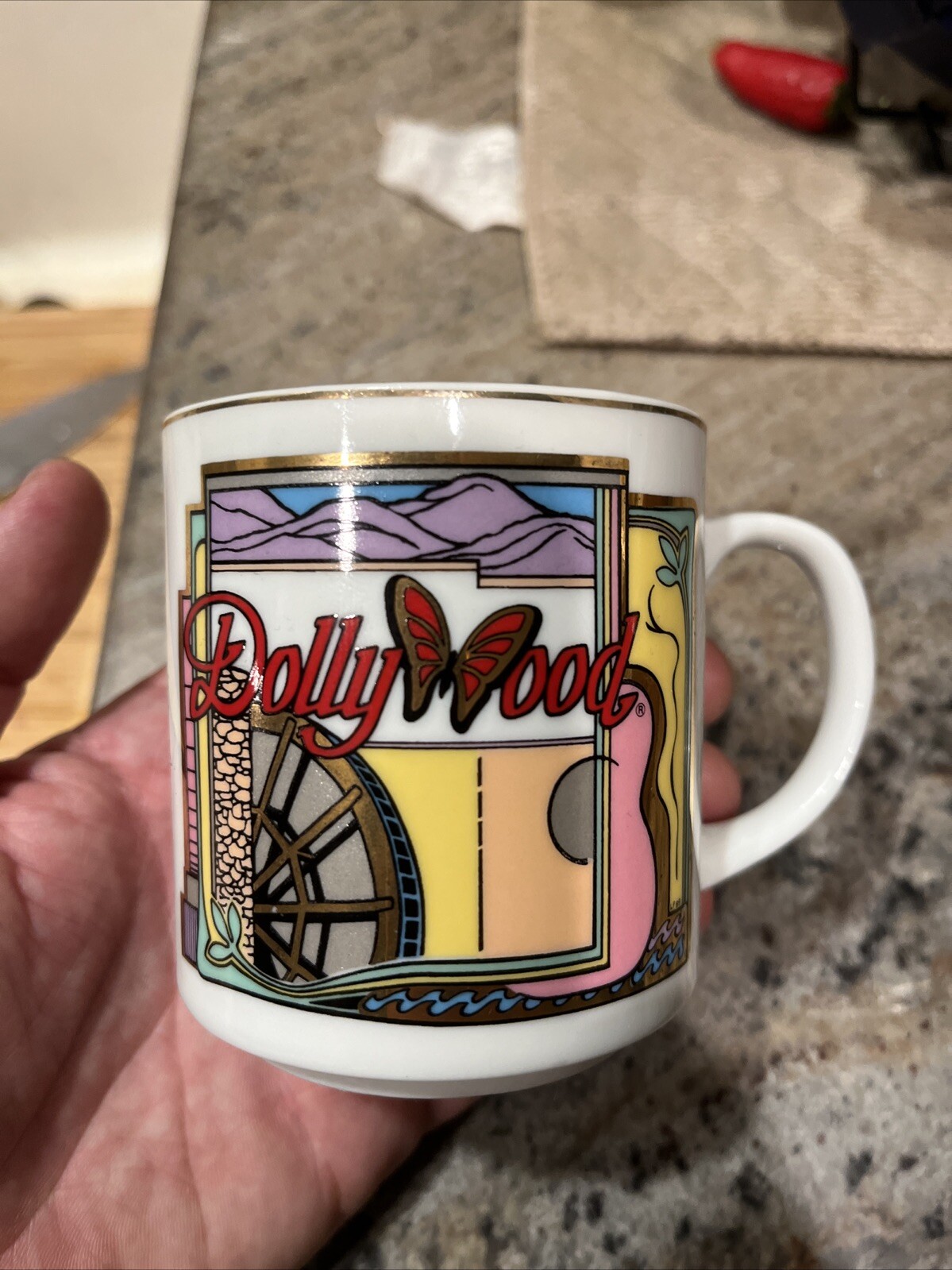 Vtg 80s Dollywood coffee mug Japan Gold Foil RARE Dolly Parton Country Music