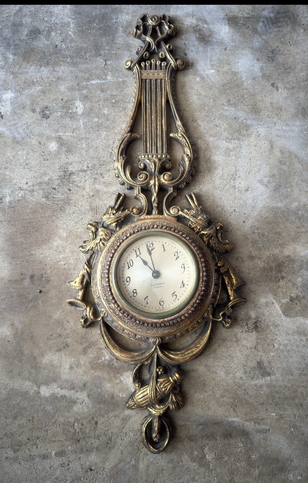 Antique Seth Thomas Lyre Wall Clock 4 Jewels 8 Day Gilt Metal 22” Antique Seth Thomas Lyre Wall Clock 4 Jewels 8 Day Gilt Metal 22”