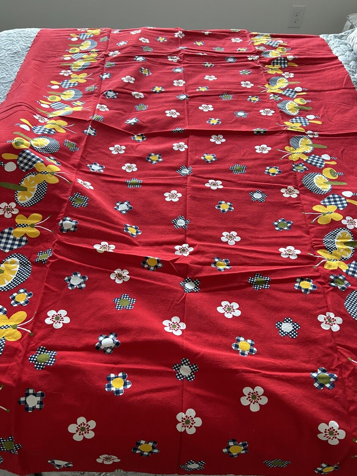 Vintage MCM Tablecloth Red Mushroom Butterflies Kitsch CottageCore 44”X 68”