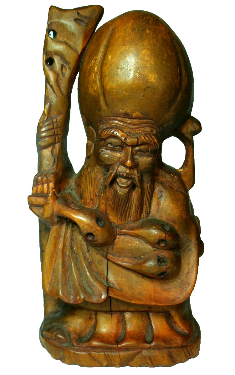 Vintage Asian Deity Shou God of Longevity Hand Carved Wood Statue