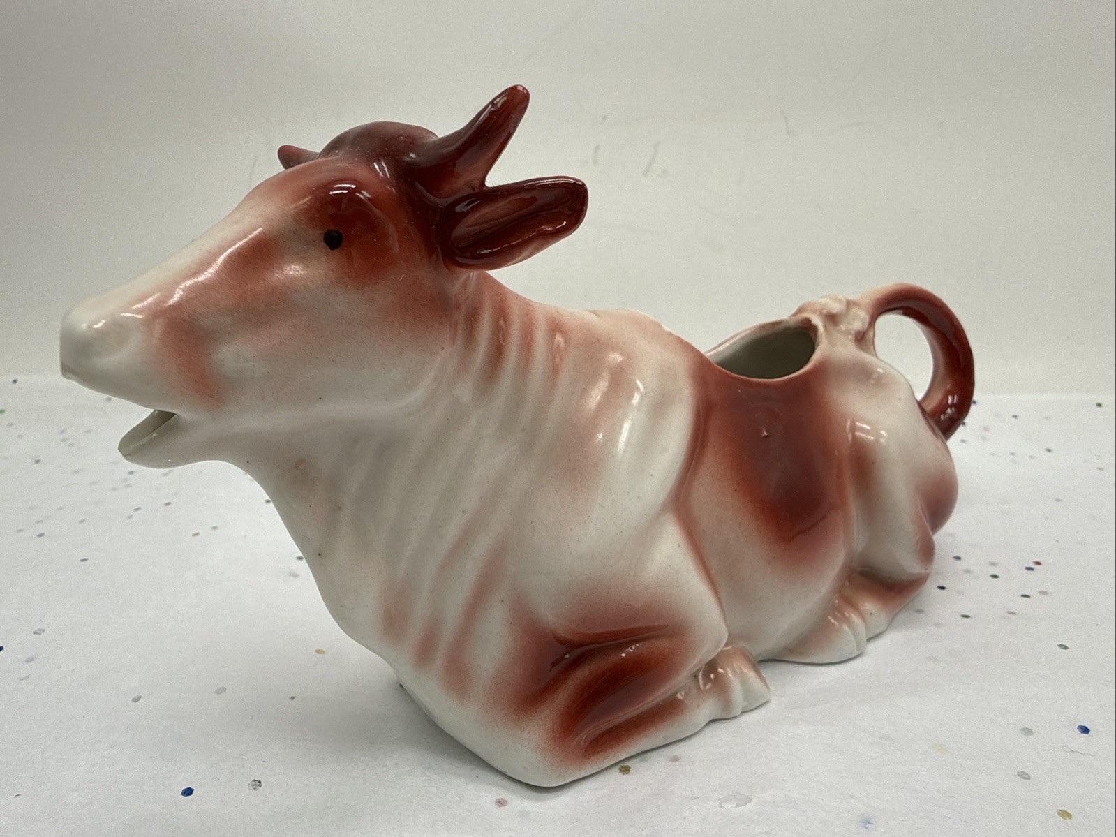 Unique Vintage Brown/Red And White Spotted Sitting Bull Creamer Germany 7.5” Unique Vintage Brown/Red And White Spotted Sitting Bull Creamer Germany 7.5”