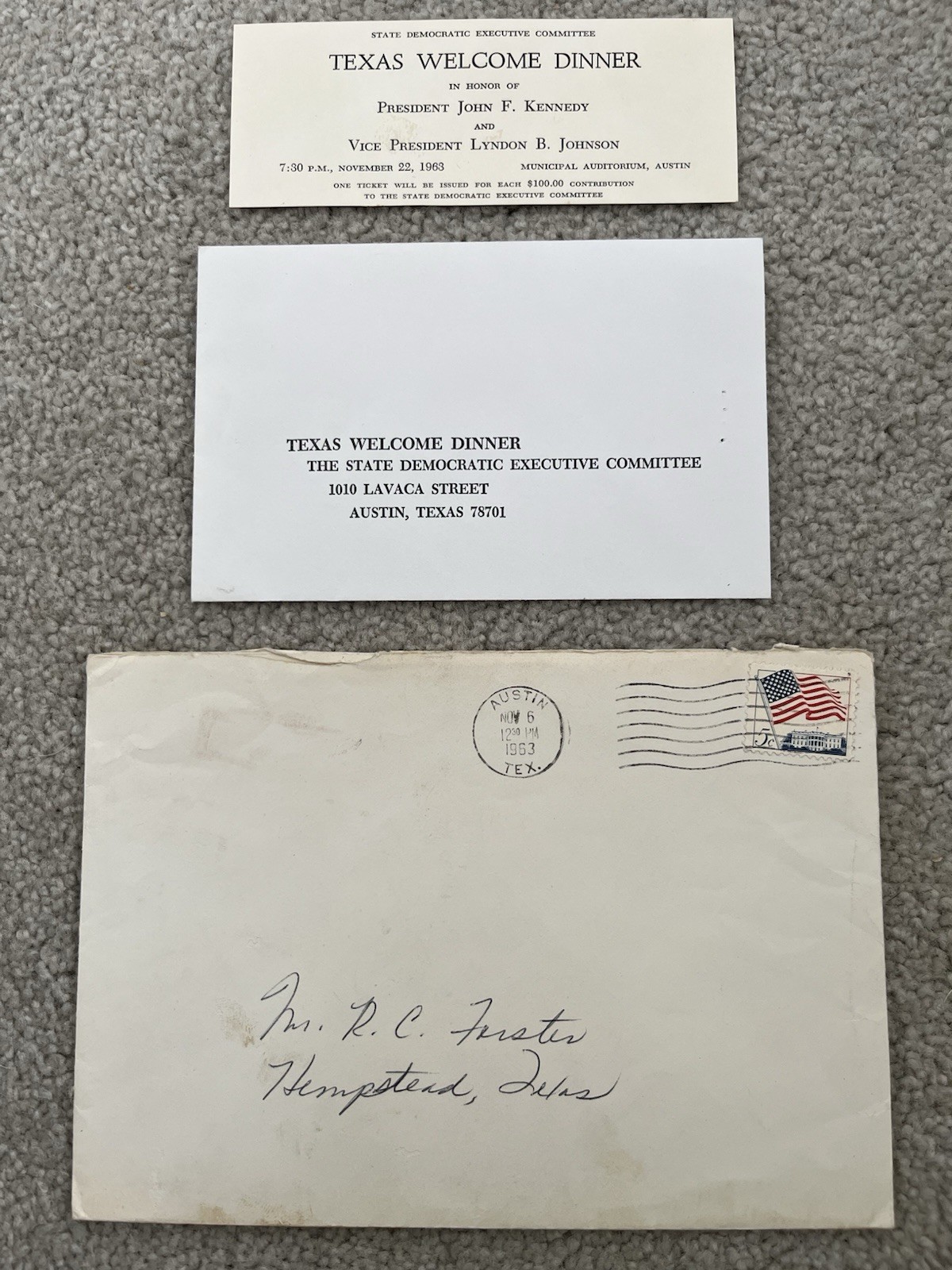 NOV 1963 JFK TEXAS WELCOME DINNER CONTRIBUTION TICKET W/Original Envelopes RARE