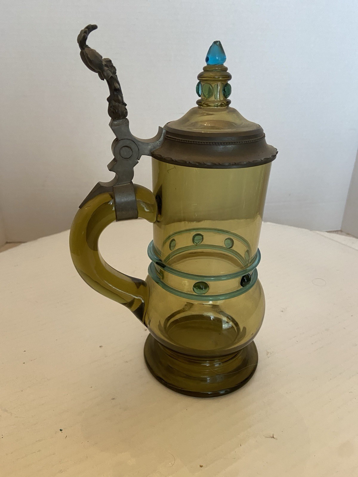 VTG German Bavarian Theresienthal Green Glass Beer Stein With Enamel Lid. VTG German Bavarian Theresienthal Green Glass Beer Stein With Enamel Lid.