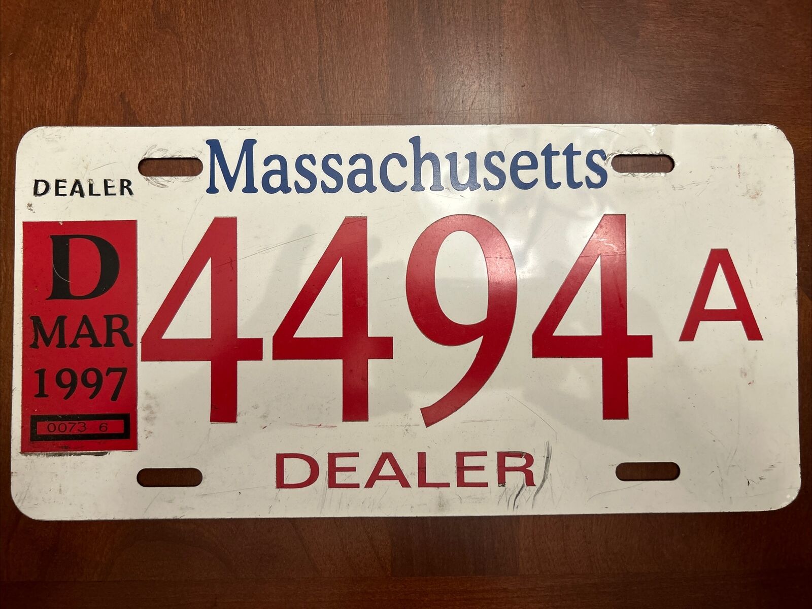 Vintage 1997 Massachusetts Dealer License Plate Registration On Back Malden Auto