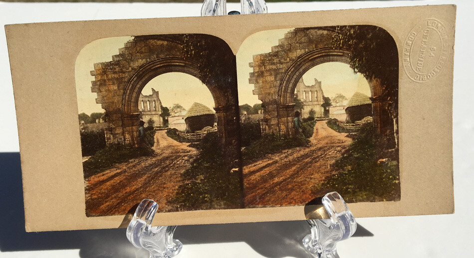 1856/59 STEREOVIEW HAND TINTED "KIRKSTALL ABBEY, LEEDS"  LONDON STEREOSCOPIC CO.