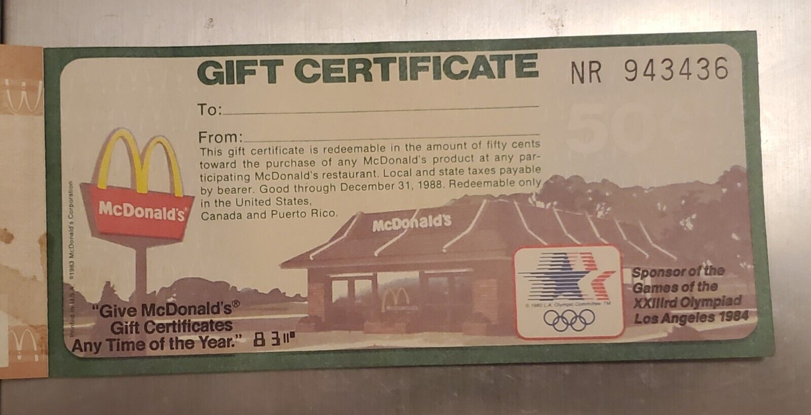MCDONALDS, Book of 6 un-used Gift Certificates For 50 Cents Each 1983? OLYMPICS