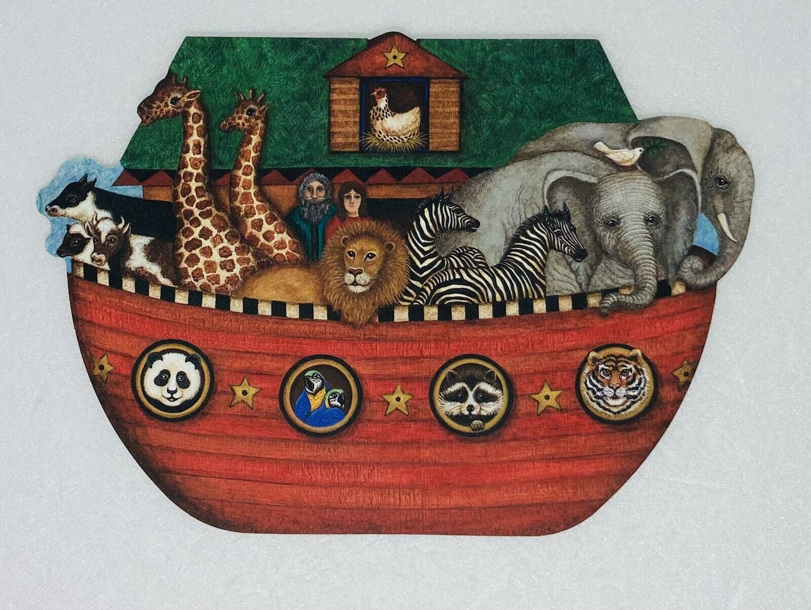 Vintage Hallmark Card Noah’s Ark Boat Shaped Animal Zoo Art Collage Decor P1