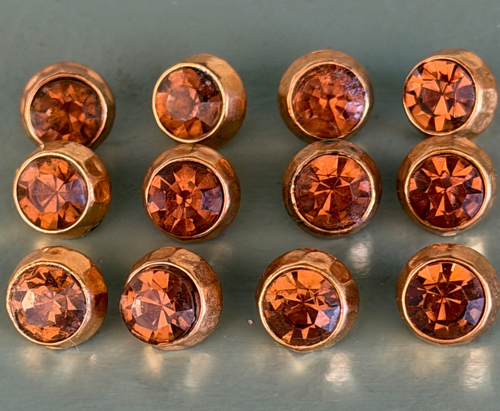 Stunning Matching Set (12) 1940s Faceted Topaz Glass GoldTone Shank Buttons 5/8" Stunning Matching Set (12) 1940s Faceted Topaz Glass GoldTone Shank Buttons 5/8"