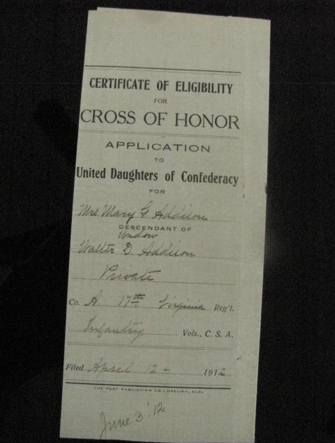 CIVIL WAR SUFFERING WIDOW CONFEDERATE CROSS OF HONOR CERTIFICATE 17TH VIRGINIA CIVIL WAR SUFFERING WIDOW CONFEDERATE CROSS OF HONOR CERTIFICATE 17TH VIRGINIA