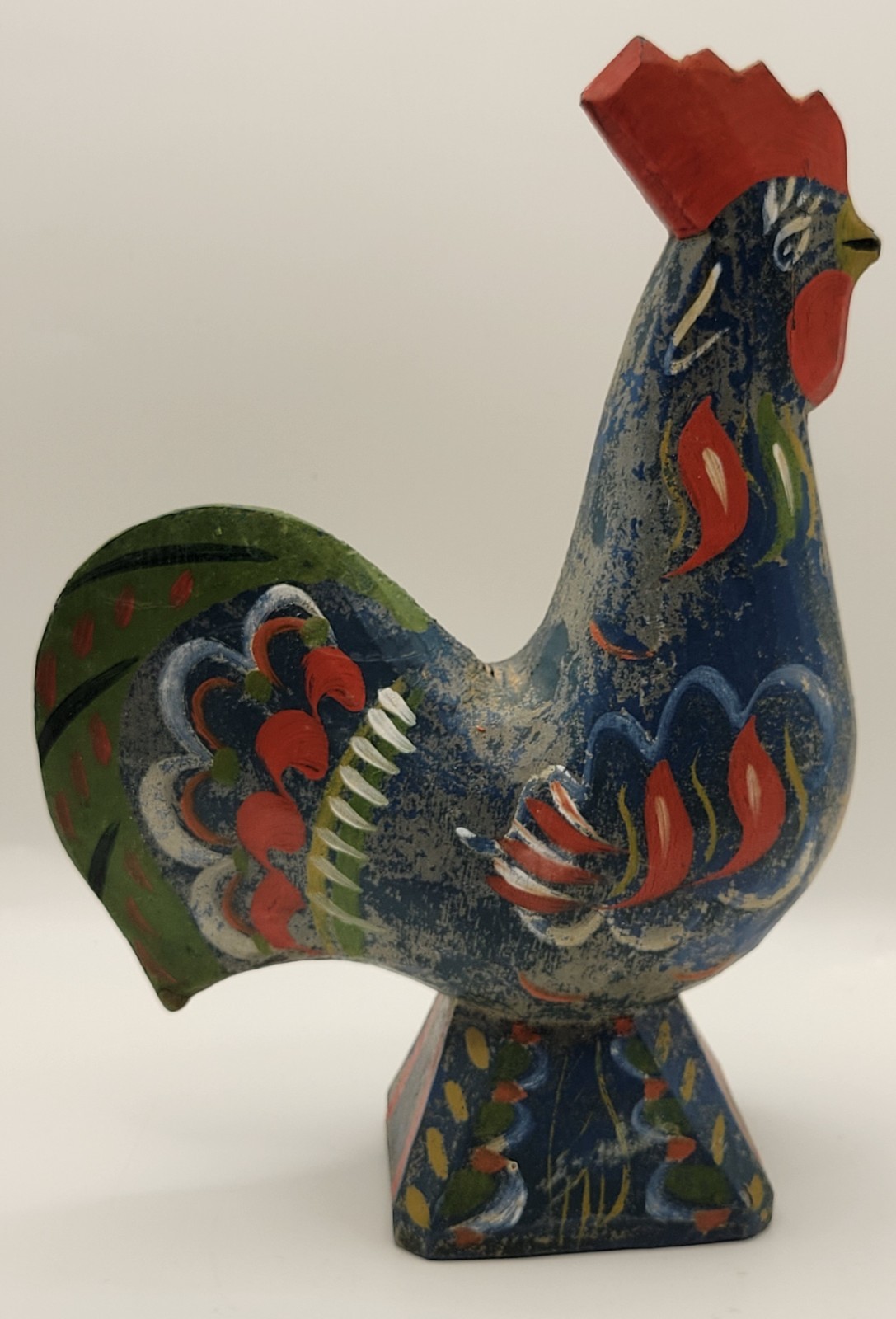 Vintage Swedish Dala Rooster Wood Figurine Olsson 7" Blue