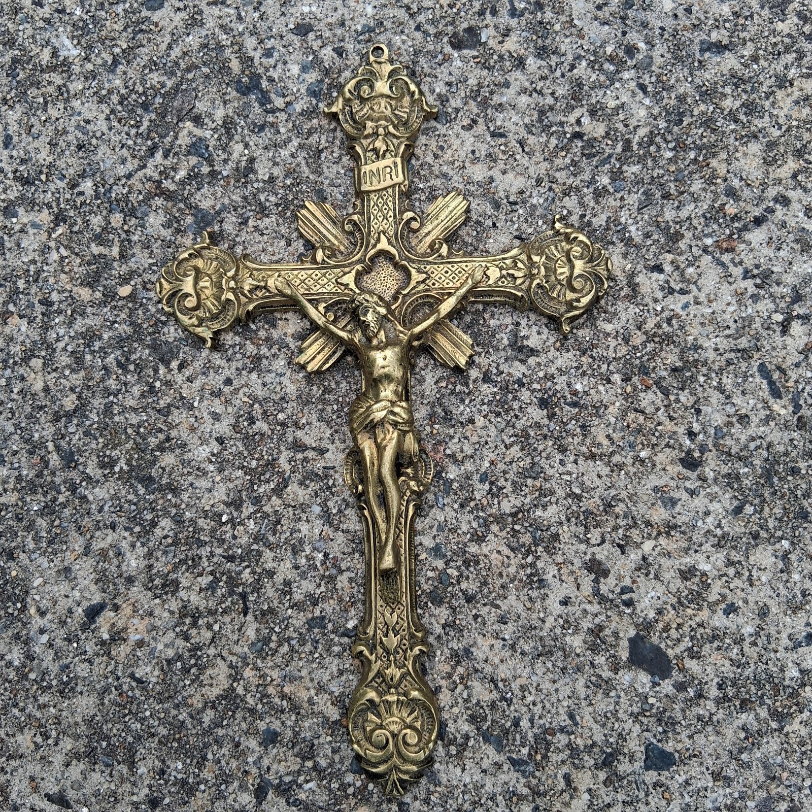 Antique French Wall Hanging Religious Brass Crucifix Cross Baroque Style Signed