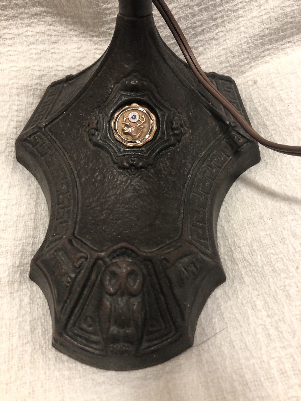 S. Robert Schwartz Gooseneck Lamp With BPOE Motif. Vintage 1920 Cast Iron Base S. Robert Schwartz Gooseneck Lamp With BPOE Motif. Vintage 1920 Cast Iron Base