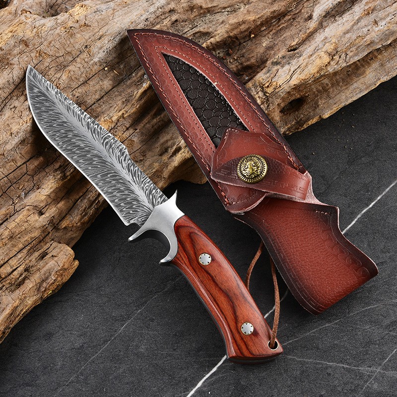 1pc Hand-Forged Damascus Fixed Blade | Wooden Handle, Sheath, Ambidextrous