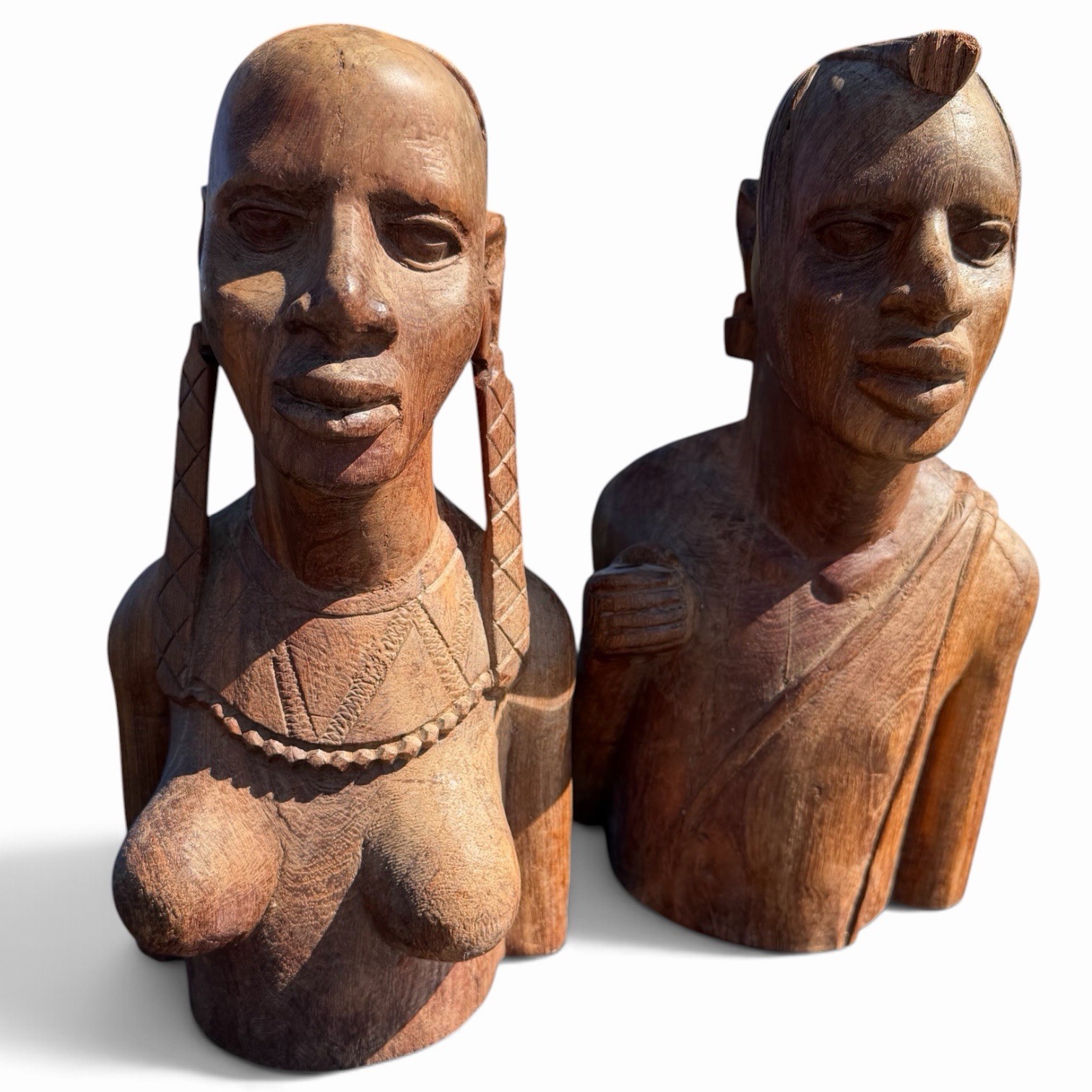 Vintage Hand-Carved Maasai Busts – Solid Hardwood African Figures – Large Pair Vintage Hand-Carved Maasai Busts – Solid Hardwood African Figures – Large Pair