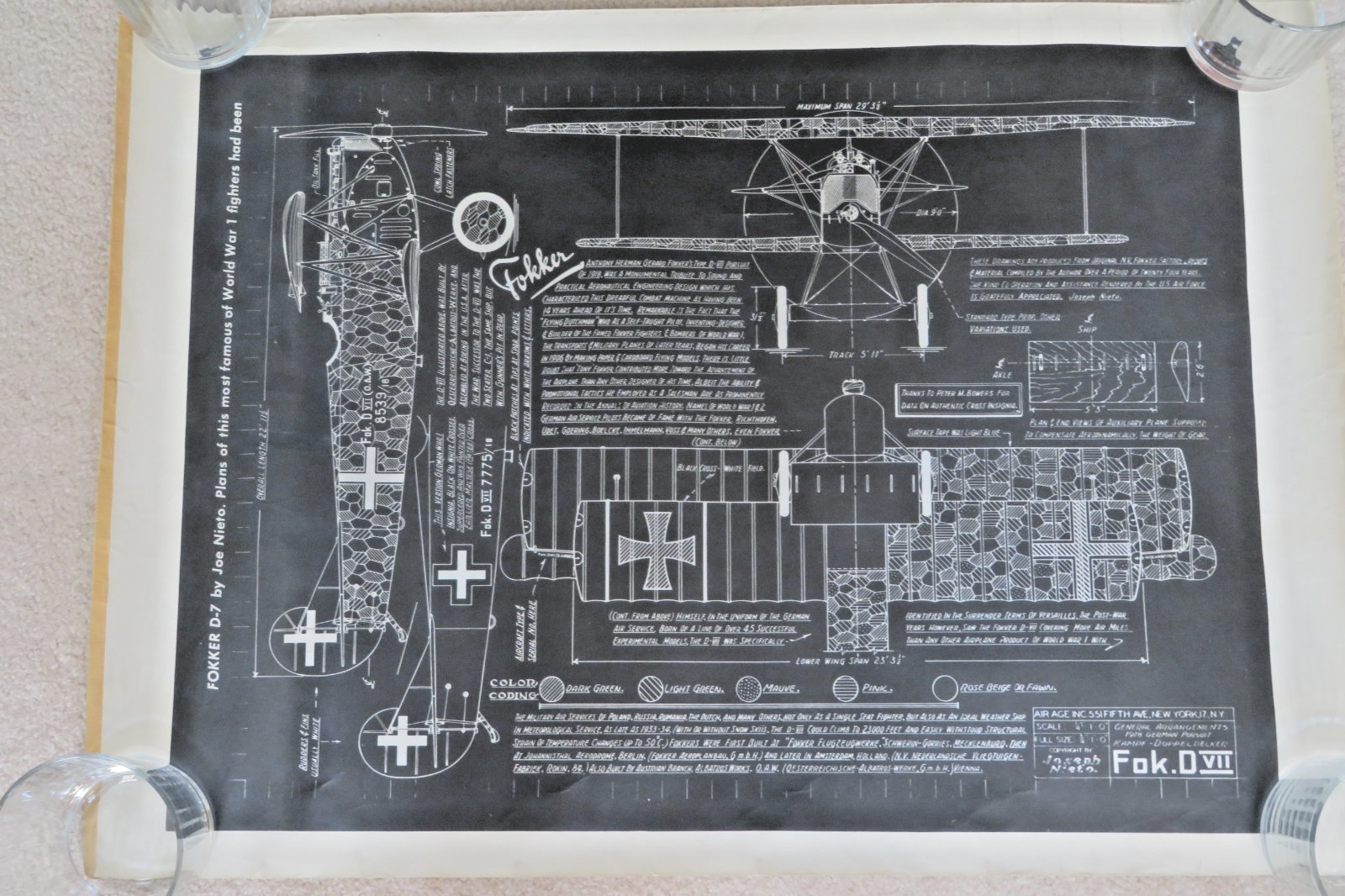 Rare Vintage Fokker D.VII WWI Fighter Plans/ Blueprints - Joe Nieto  Air Age  NY
