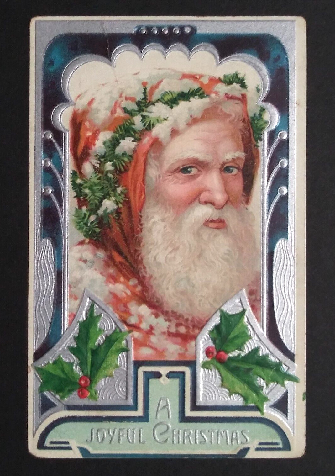 A Joyful Christmas Old World Santa w/ Orange Cloak Embossed Postcard c1900s