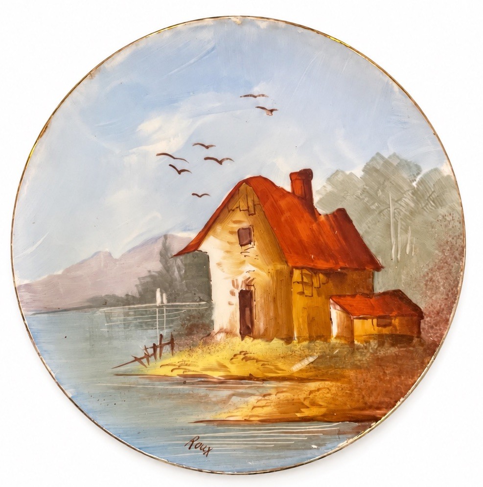 Antique Limoges France Plate Hand Painted SCARCE Cottage Cabin Lake Signed Roux Antique Limoges France Plate Hand Painted SCARCE Cottage Cabin Lake Signed Roux