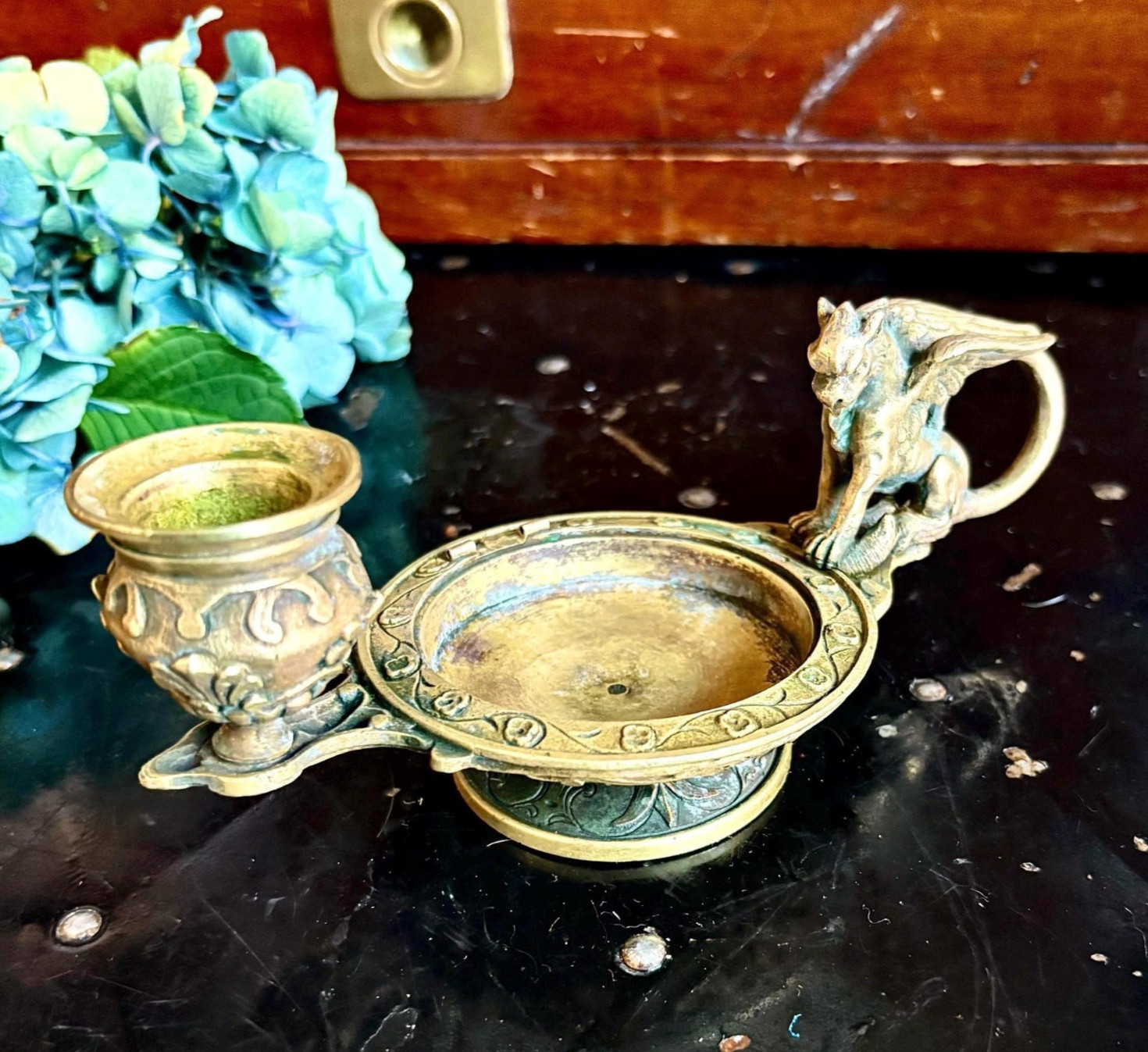 Antique Ornate Oil Lamp and Candlestick Holder with Dragon/Chimera Handle Antique Ornate Oil Lamp and Candlestick Holder with Dragon/Chimera Handle