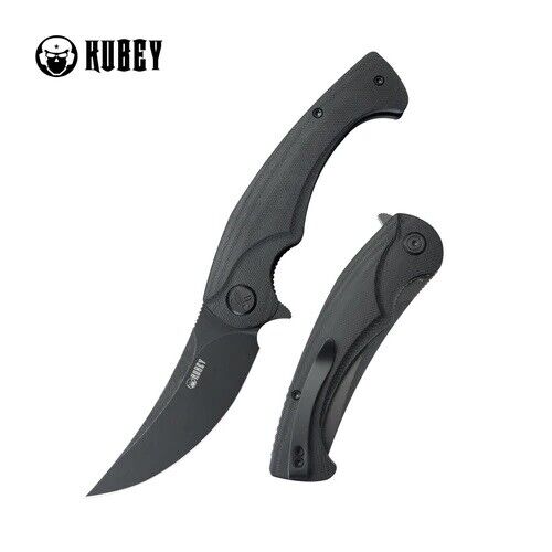 Kubey Scimitar Folding Knife Black G10 Handle 14C28N Plain Edge Blackwash KU173L