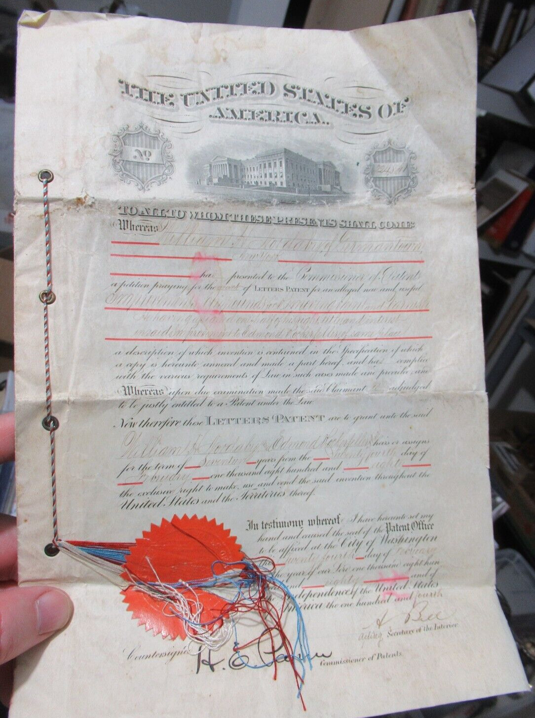 1880 Original US Patent Certificate, 224841, William Nordaby, Edmond Rockefeller 1880 Original US Patent Certificate, 224841, William Nordaby, Edmond Rockefeller